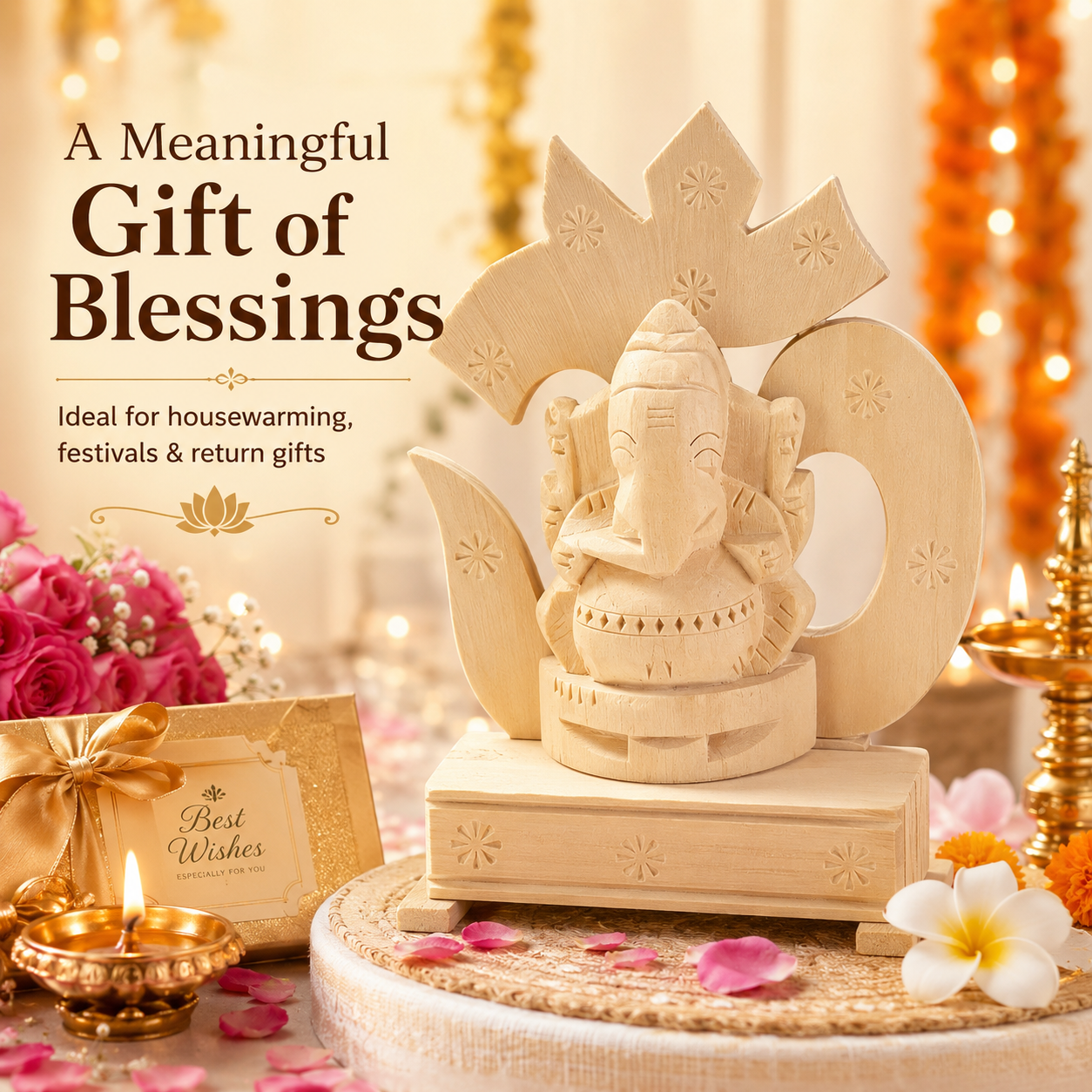 Anketras Original Vellerukku Vinayagar Idol with Om Backdrop, 12 cm / 4.7 Inch Handcrafted Ganesh Statue for Pooja Room, Home Temple, Vastu Décor, Spiritual Gift & Auspicious Home Blessing